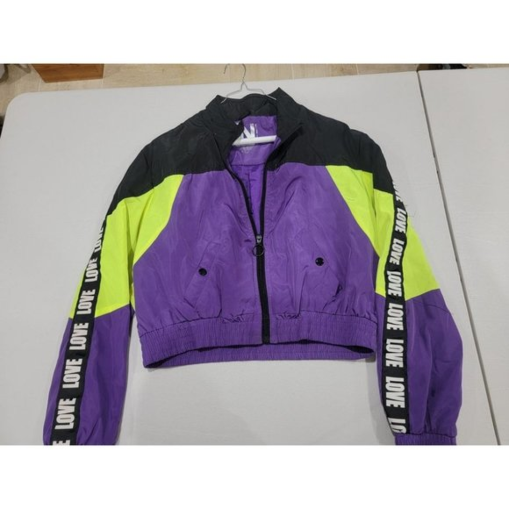 New Look Sport Athletic Size Large Jacket Neon Yellow Purple LOVE‎ Black